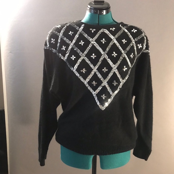 Vintage 80s Black Silver Sequin Sweater Medium - Picture 6 of 8